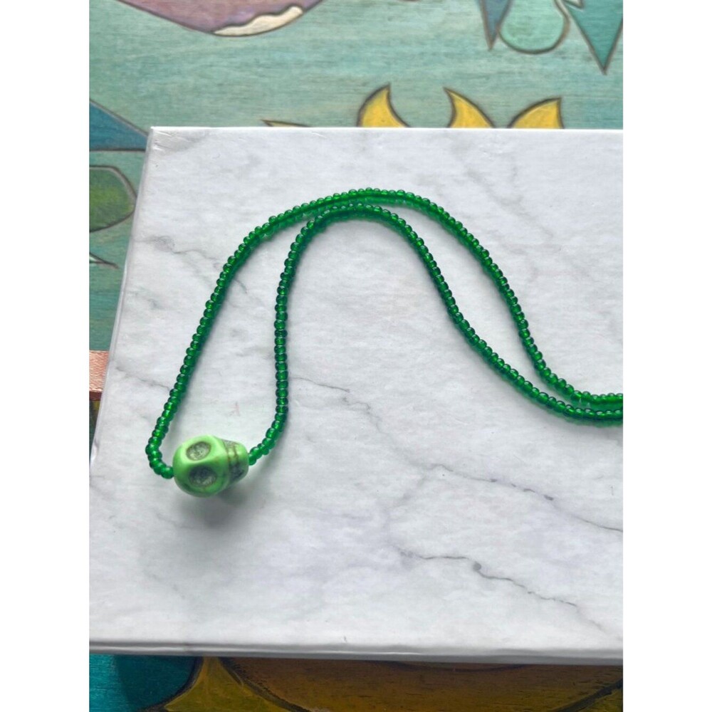 Green Candy Skull Seed Beaded Choker Necklace